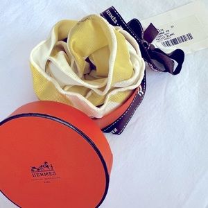 Hermes yellow and white printed silk diamond scarf, NWT in original box